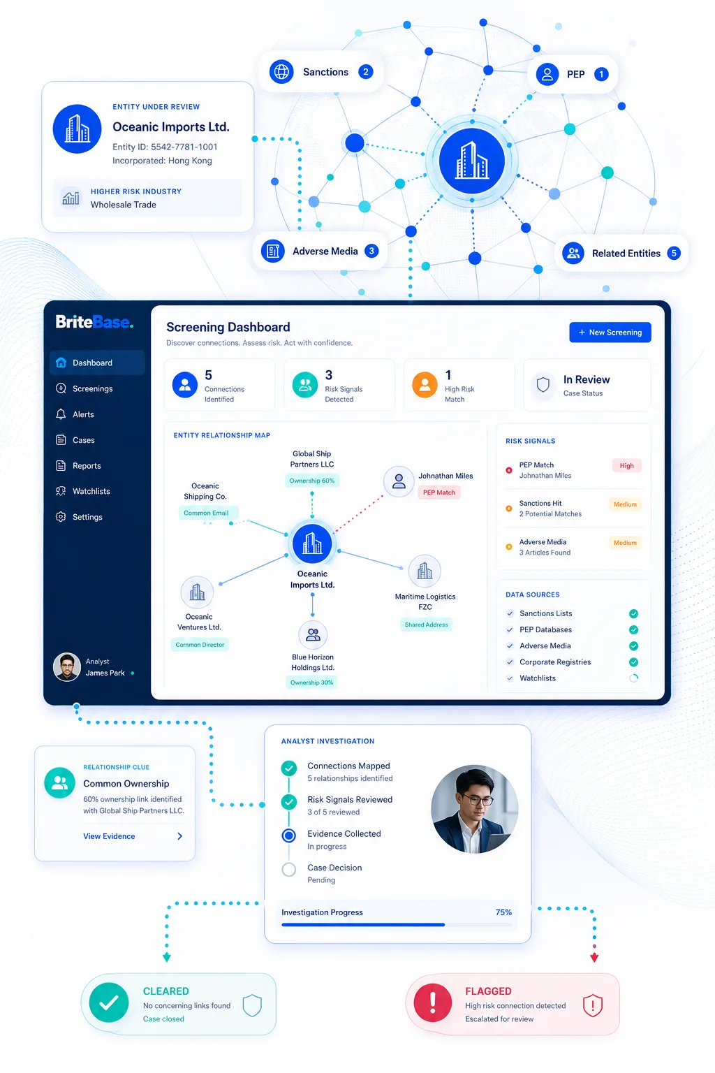 BriteBase entity screening dashboard: a business and its related companies, owners and shared identifiers mapped as one connected entity with risk signals.